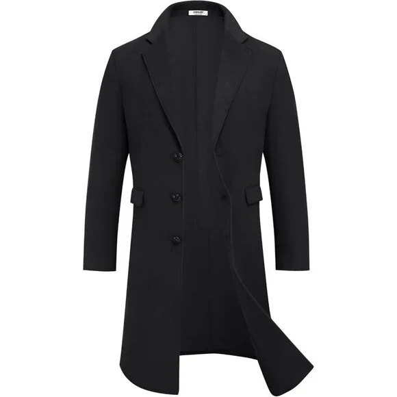 Men’s Long Trench Coat Single-Breasted Wool Blend Overcoat with Notched Collar - Picture 5 of 6